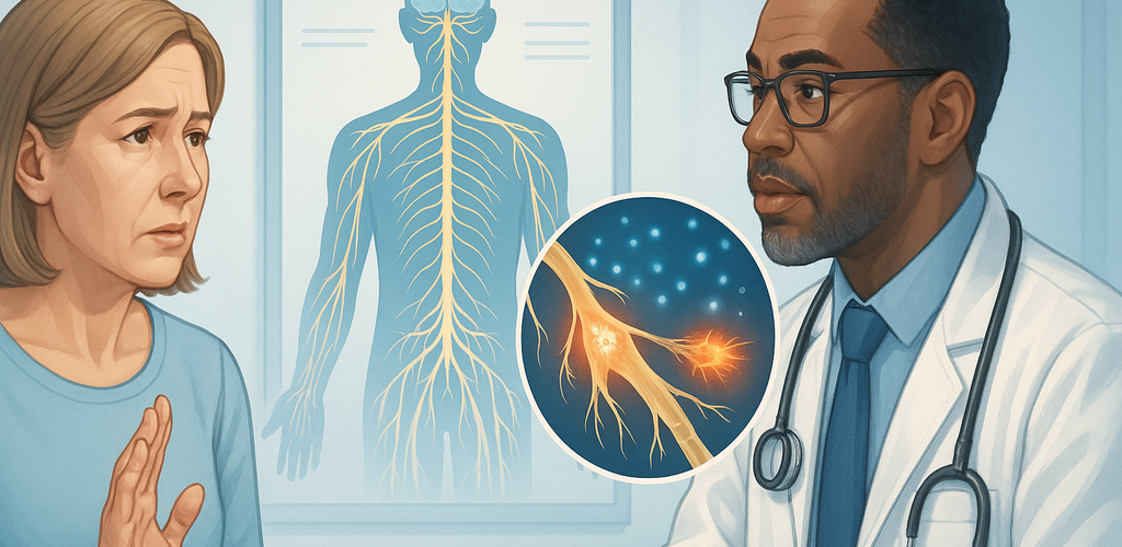 Paciente hablando con médico sobre neuropatía, enfatizando la importancia de la comunicación en el manejo de la salud.