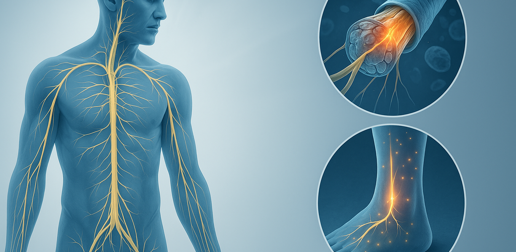 Gráfico que ilustra la relación entre la glucosa alta y la salud de los nervios periféricos.
