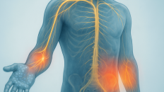 Infografía sobre la reducción de inflamación en neuropatía, destacando alimentos antiinflamatorios y la importancia del ejercicio.