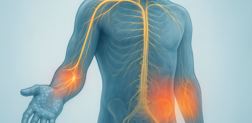 Infografía sobre la reducción de inflamación en neuropatía, destacando alimentos antiinflamatorios y la importancia del ejercicio.